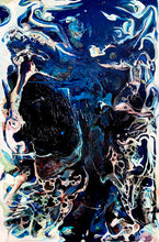 Load image into Gallery viewer, Abstract oil and mixed medium painting in shades of dark blue, royal blue and multicoloured detail.
