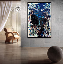 Load image into Gallery viewer, Abstract oil and mixed medium painting in shades of dark blue, royal blue and multicoloured detail. Shown on a grey concrete block wall.
