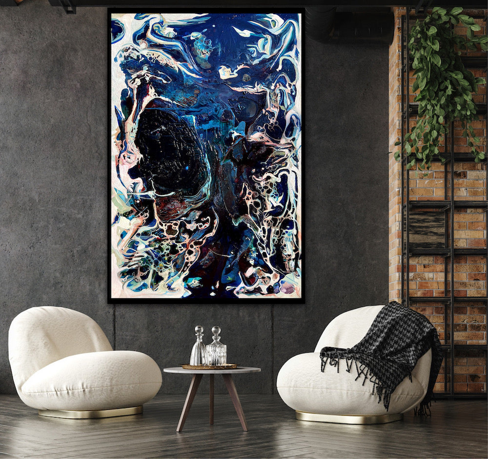 Abstract oil and mixed medium painting in shades of dark blue, royal blue and multicoloured detail. Shown on a charcoal wall.