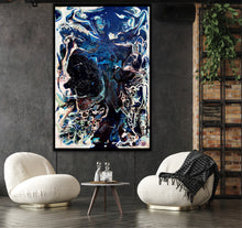 Load image into Gallery viewer, Abstract oil and mixed medium painting in shades of dark blue, royal blue and multicoloured detail. Shown on a charcoal wall.

