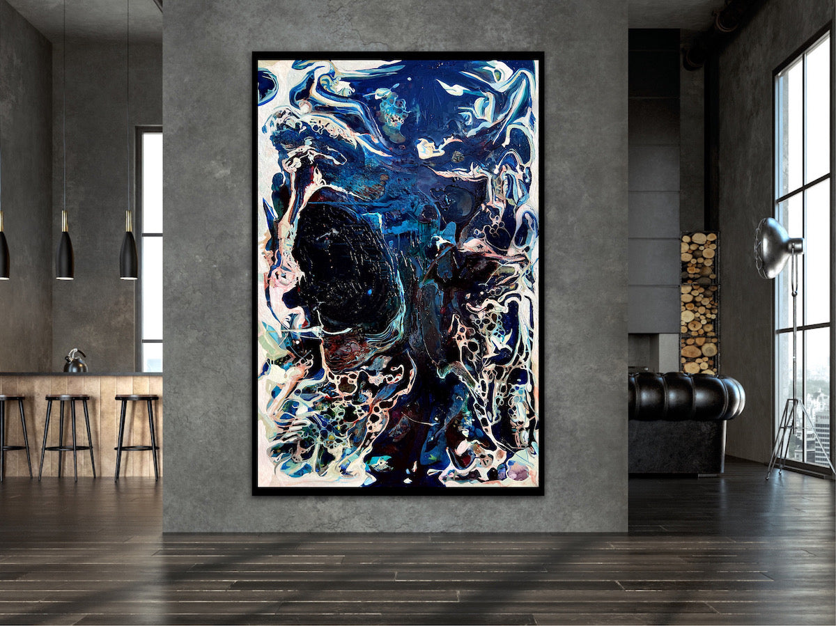 Abstract oil and mixed medium painting in shades of dark blue, royal blue and multicoloured detail. Shown on a grey dividing wall.