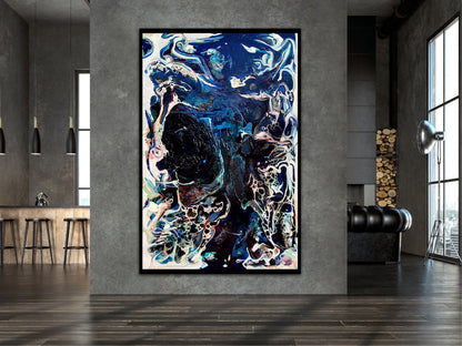 Abstract oil and mixed medium painting in shades of dark blue, royal blue and multicoloured detail. Shown on a grey dividing wall.