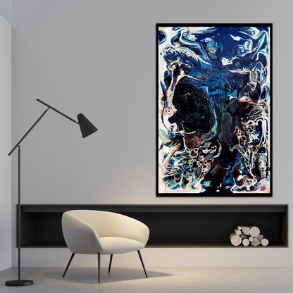 Abstract oil and mixed medium painting in shades of dark blue, royal blue and multicoloured detail. Shown on a grey wall.