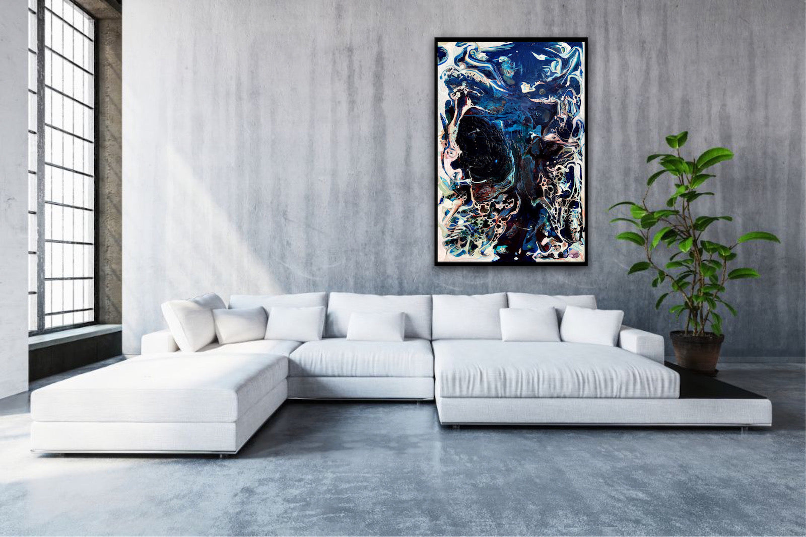 Abstract oil and mixed medium painting in shades of dark blue, royal blue and multicoloured detail. Shown on a living room wall.