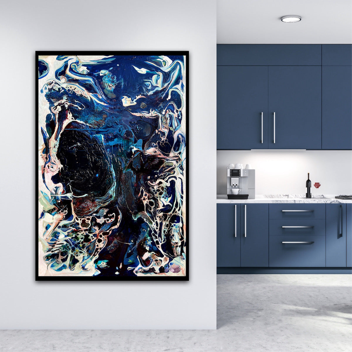 Abstract oil and mixed medium painting in shades of dark blue, royal blue and multicoloured detail. Shown on a wall.