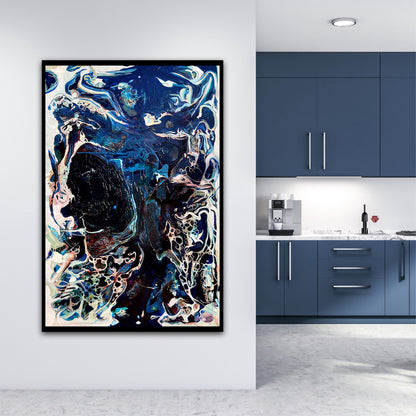 Abstract oil and mixed medium painting in shades of dark blue, royal blue and multicoloured detail. Shown on a wall.