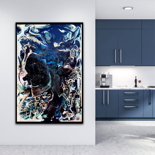 Abstract oil and mixed medium painting in shades of dark blue, royal blue and multicoloured detail. Shown on a wall.