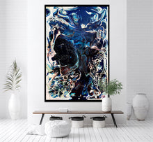 Load image into Gallery viewer, Abstract oil and mixed medium painting in shades of dark blue, royal blue and multicoloured detail. Shown on a dividing wall.
