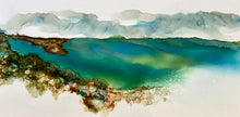 Load image into Gallery viewer, Ocean, sand and rocks in turquoise, aqua and white and browns, painted in an abstract style.
