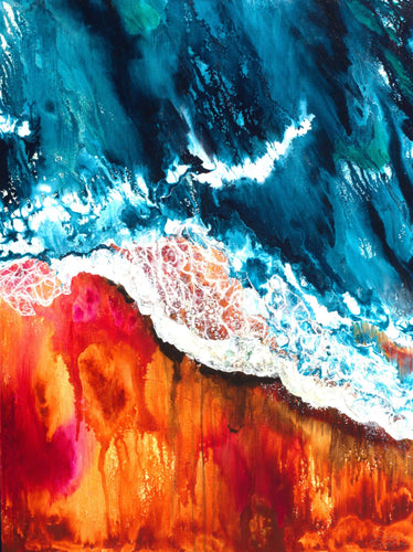 Ocean scene painted in primary colours of orange and blue.