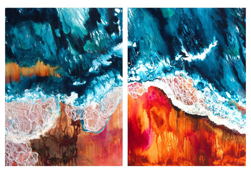 A matching pair of paintings of a surf break in orange and deep turquoise.