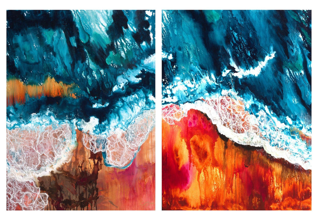A matching pair of paintings of a surf break in orange and deep turquoise.