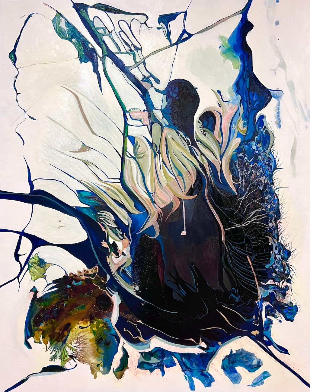 Abstract oil and mixed medium painting on an off-white background in dominant shades of Navy, royal blue and lighter blue. 
