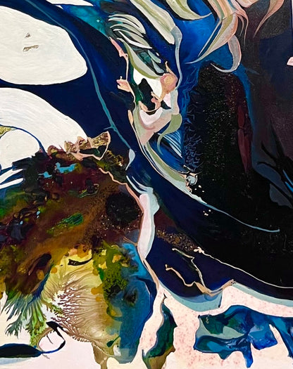 Abstract oil and mixed medium painting on an off-white background in dominant shades of Navy, royal blue and lighter blue. Detail view.