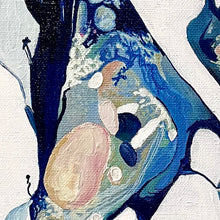 Load image into Gallery viewer, Small abstract painting of a rockpool on a white background with shades of blue and aqua with multicoloured detail. close up view.
