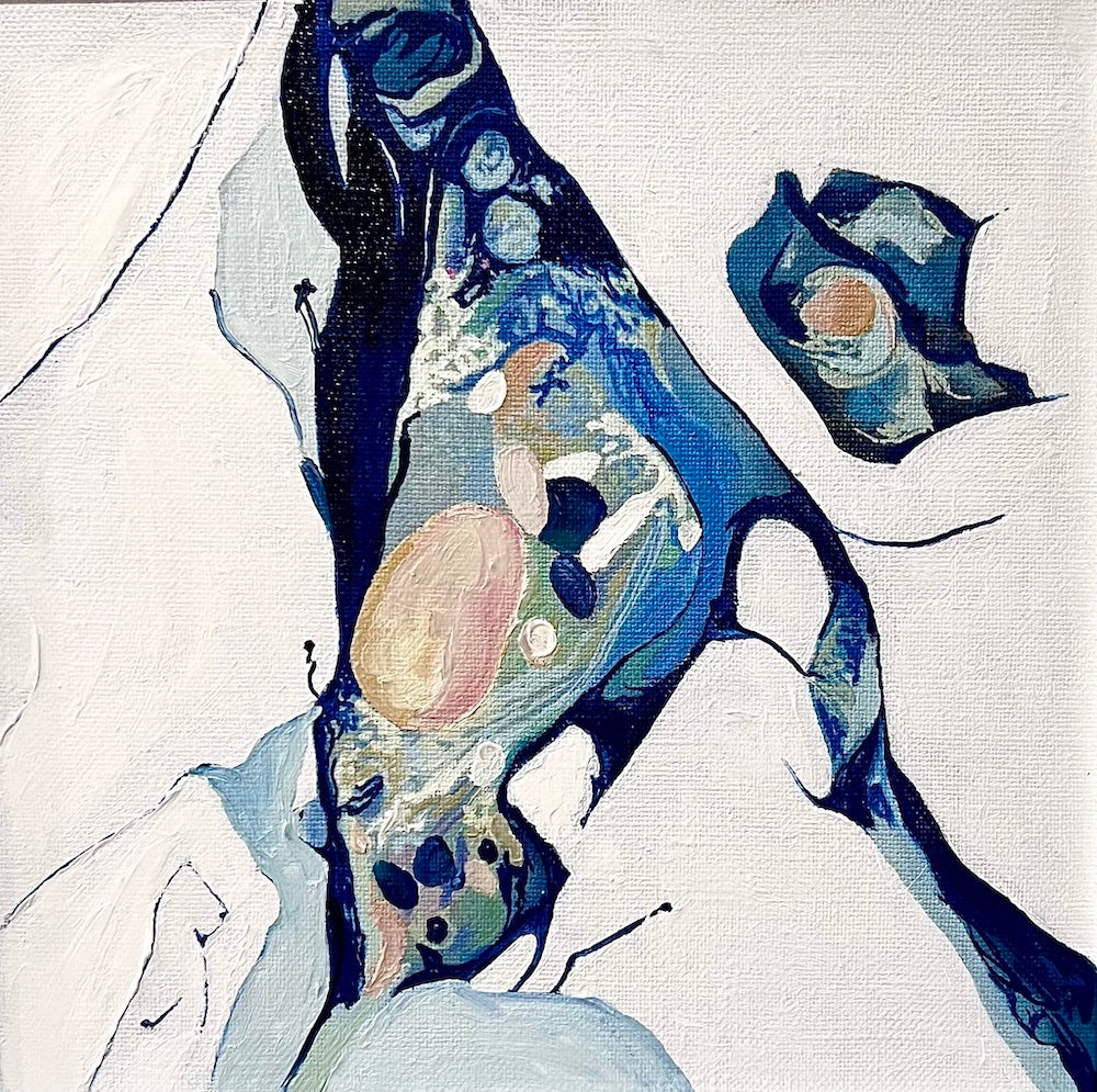 Small abstract painting of a rockpool on a white background with shades of blue and aqua with multicoloured detail.