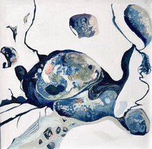 Load image into Gallery viewer, A rockpool in abstract style on a white background in shades of blue and multicoloured detail.
