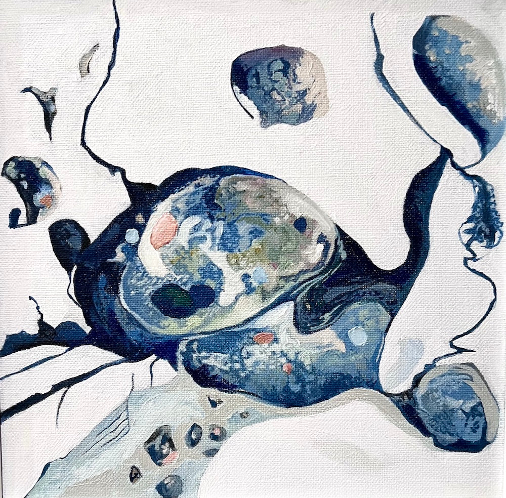 A rockpool in abstract style on a white background in shades of blue and multicoloured detail.