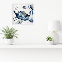 Load image into Gallery viewer, A rockpool in abstract style on a white background in shades of blue and multicoloured detail. In situ on a white wall.
