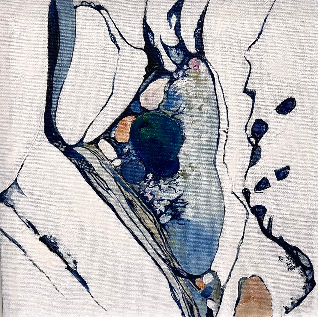 Small oil painting of a rockpool in an abstract style on a white background in shades of blue and multicoloured detail.