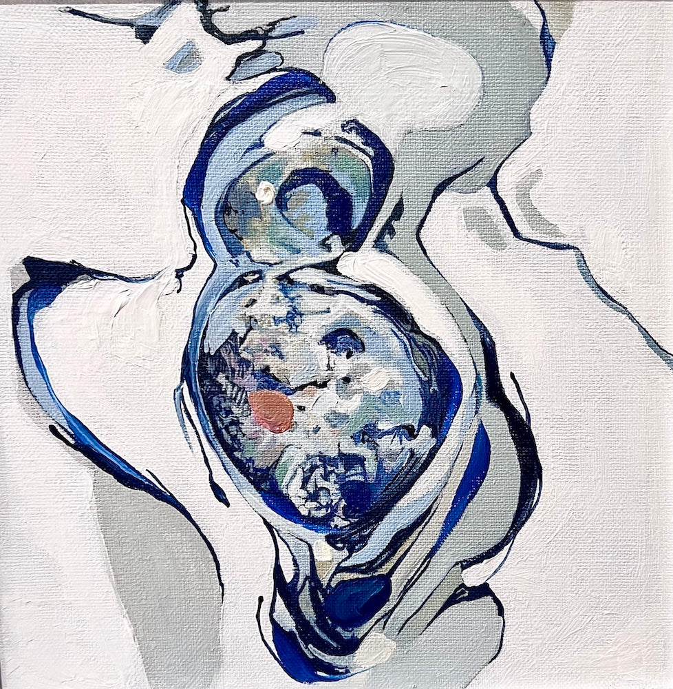 Oil painting of a rock pool in an abstract style on a white background in shades of blue with multicoloured detail.