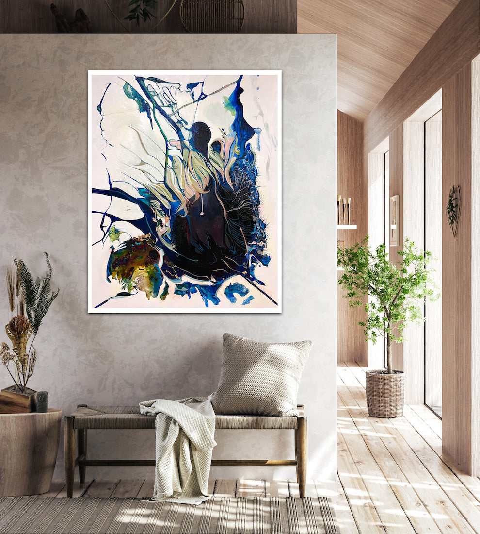 Abstract oil and mixed medium painting on an off-white background in dominant shades of Navy, royal blue and lighter blue. Shown on a dividing wall.