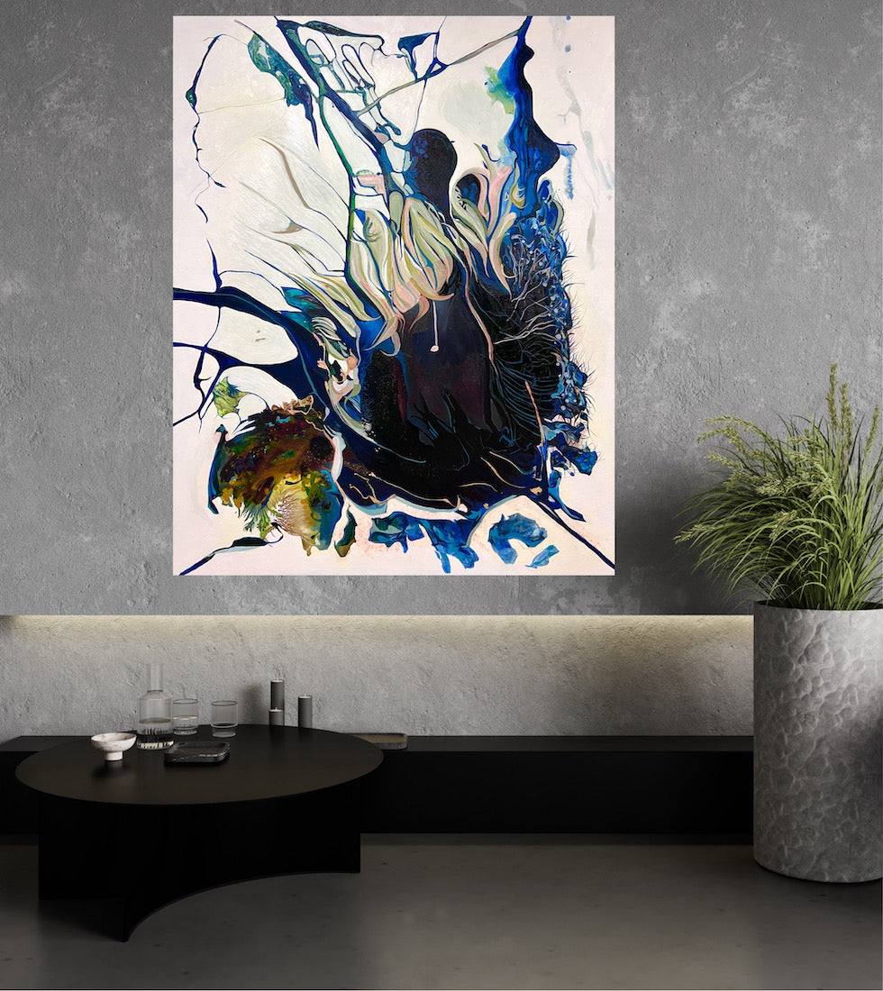 Abstract oil and mixed medium painting on an off-white background in dominant shades of Navy, royal blue and lighter blue. Shown on a grey wall.
