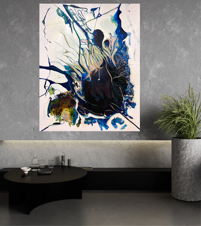 Abstract oil and mixed medium painting on an off-white background in dominant shades of Navy, royal blue and lighter blue. Shown on a grey wall.