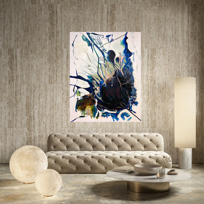 Abstract oil and mixed medium painting on an off-white background in dominant shades of Navy, royal blue and lighter blue. Shown on a living room wall.