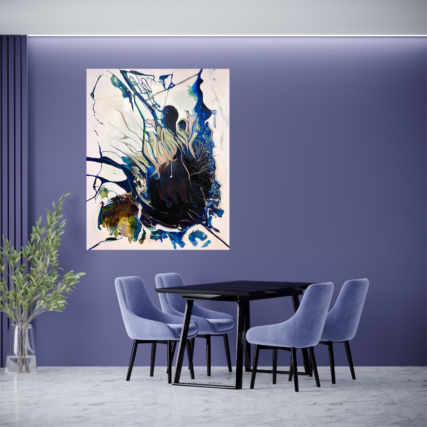 Abstract oil and mixed medium painting on an off-white background in dominant shades of Navy, royal blue and lighter blue. Shown on a purple wall.