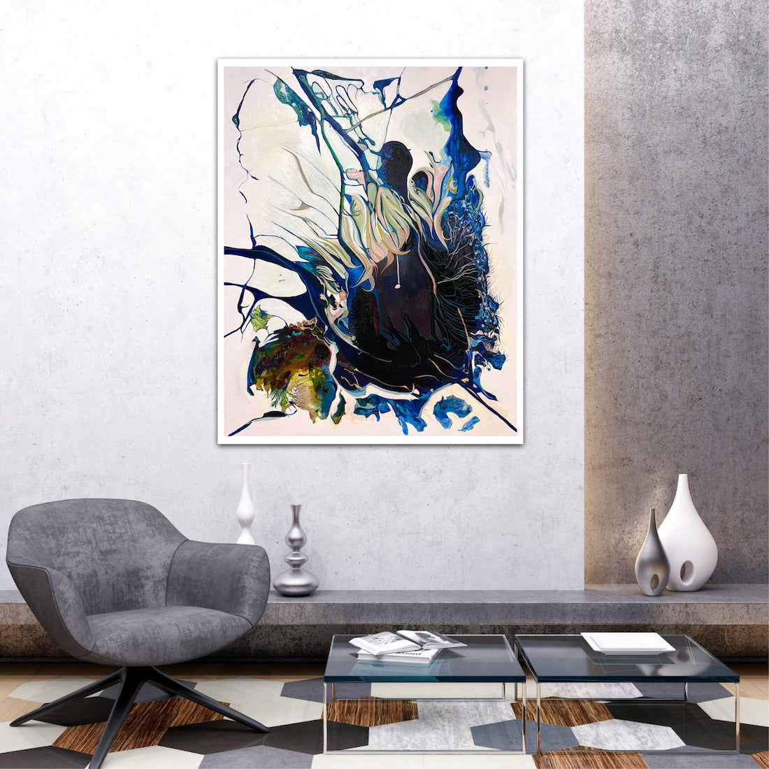 Abstract oil and mixed medium painting on an off-white background in dominant shades of Navy, royal blue and lighter blue. Shown on a sitting room wall.