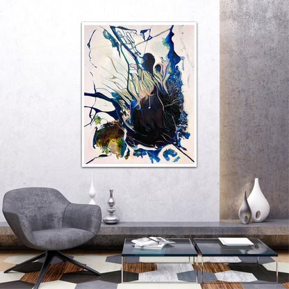 Abstract oil and mixed medium painting on an off-white background in dominant shades of Navy, royal blue and lighter blue. Shown on a sitting room wall.