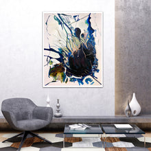 Load image into Gallery viewer, Abstract oil and mixed medium painting on an off-white background in dominant shades of Navy, royal blue and lighter blue. Shown on a sitting room wall.
