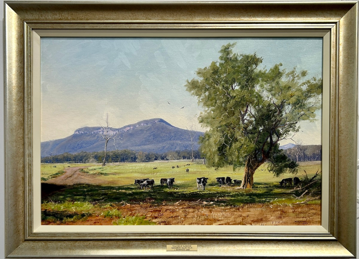 Kangaroo Valley NSW with cows grazing under trees and a mountain in the background. Framed view.