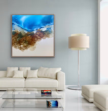 Load image into Gallery viewer, Coastal bay with a rocky headland, bright aqua ocean and white sand, painted in an abstract style.
