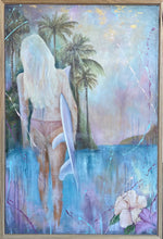 Load image into Gallery viewer, Girl in a bikini holding a surfboard standing in front of aqua blue water and palm trees. Framed in raw Tasmanian oak.
