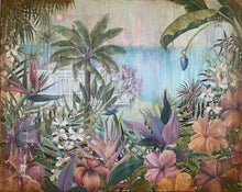 Load image into Gallery viewer, A beach shack in a tropical garden surrounded by lush palm trees and exotic flowers including pink hibiscus, orchids and birds of paradise.
