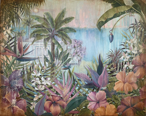 A beach shack in a tropical garden surrounded by lush palm trees and exotic flowers including pink hibiscus, orchids and birds of paradise.