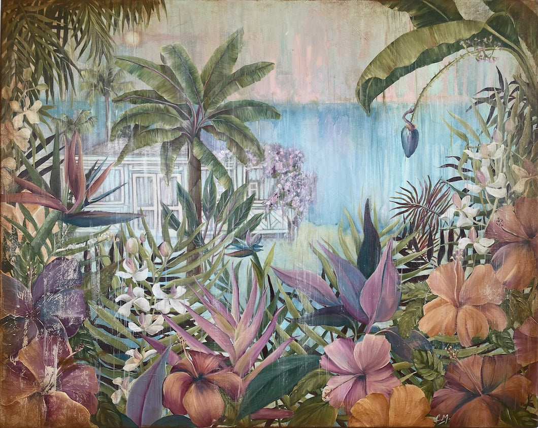 A beach shack in a tropical garden surrounded by lush palm trees and exotic flowers including pink hibiscus, orchids and birds of paradise.