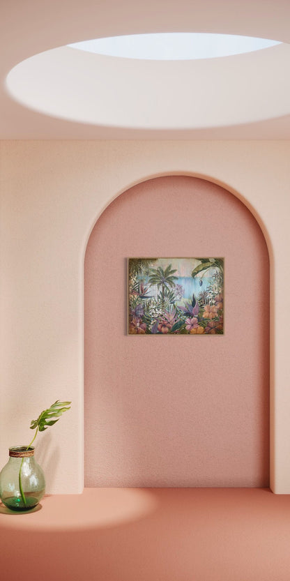 A beach shack in a tropical garden surrounded by lush palm trees and exotic flowers including pink hibiscus, orchids and birds of paradise. In situ on an arched wall.