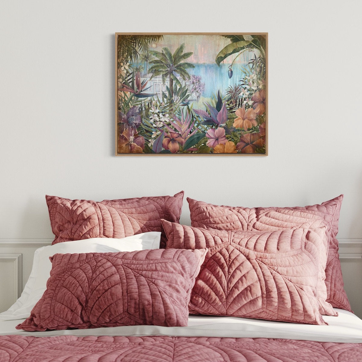 A beach shack in a tropical garden surrounded by lush palm trees and exotic flowers including pink hibiscus, orchids and birds of paradise. In situ on a bedroom wall.
