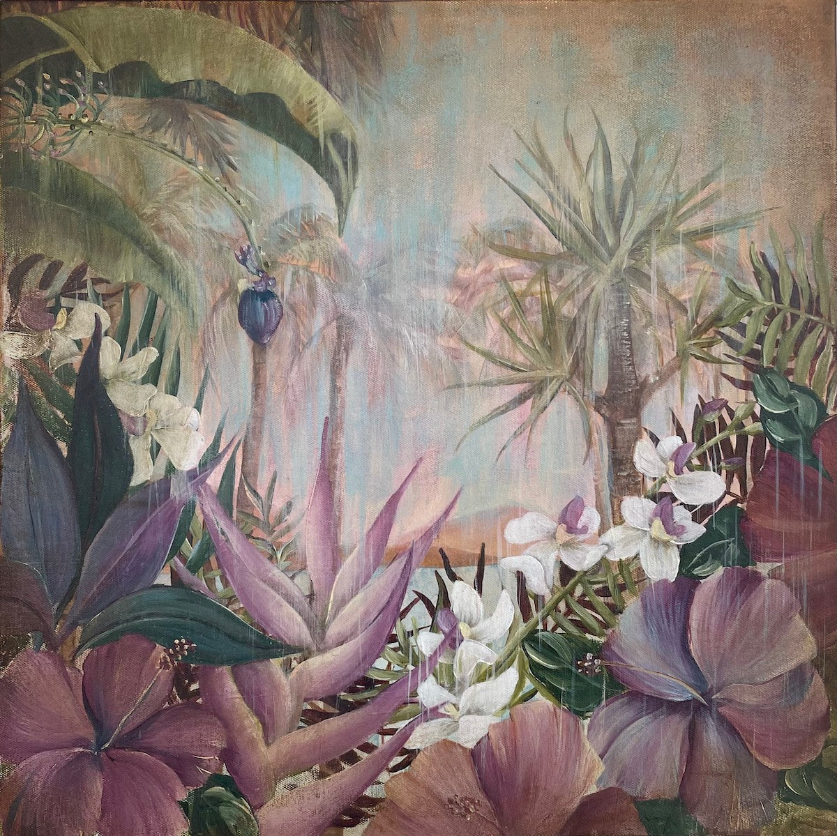 A tropical garden with banana palms and exotic flowers.