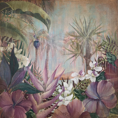 A tropical garden with banana palms and exotic flowers.