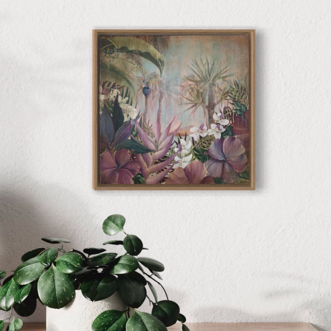A tropical garden with banana palms and exotic flowers. In situ on a white wall.