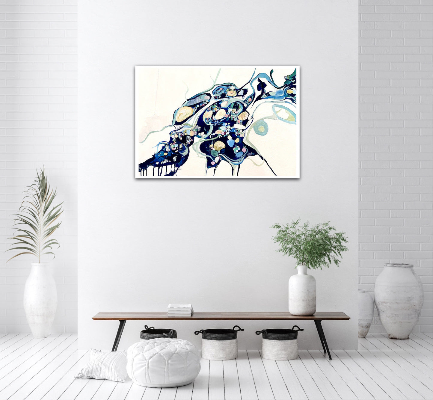 Abstract oil painting on a white background in shades of blue, cream and green with multicoloured detail on a dividing wall.