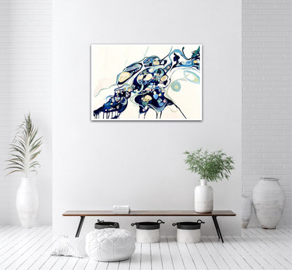 Abstract oil painting on a white background in shades of blue, cream and green with multicoloured detail on a dividing wall.