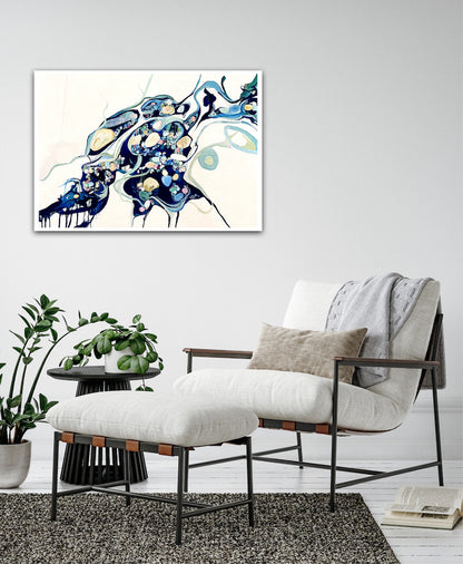 Abstract oil painting on a white background in shades of blue, cream and green with multicoloured detail on a pale grey wall.