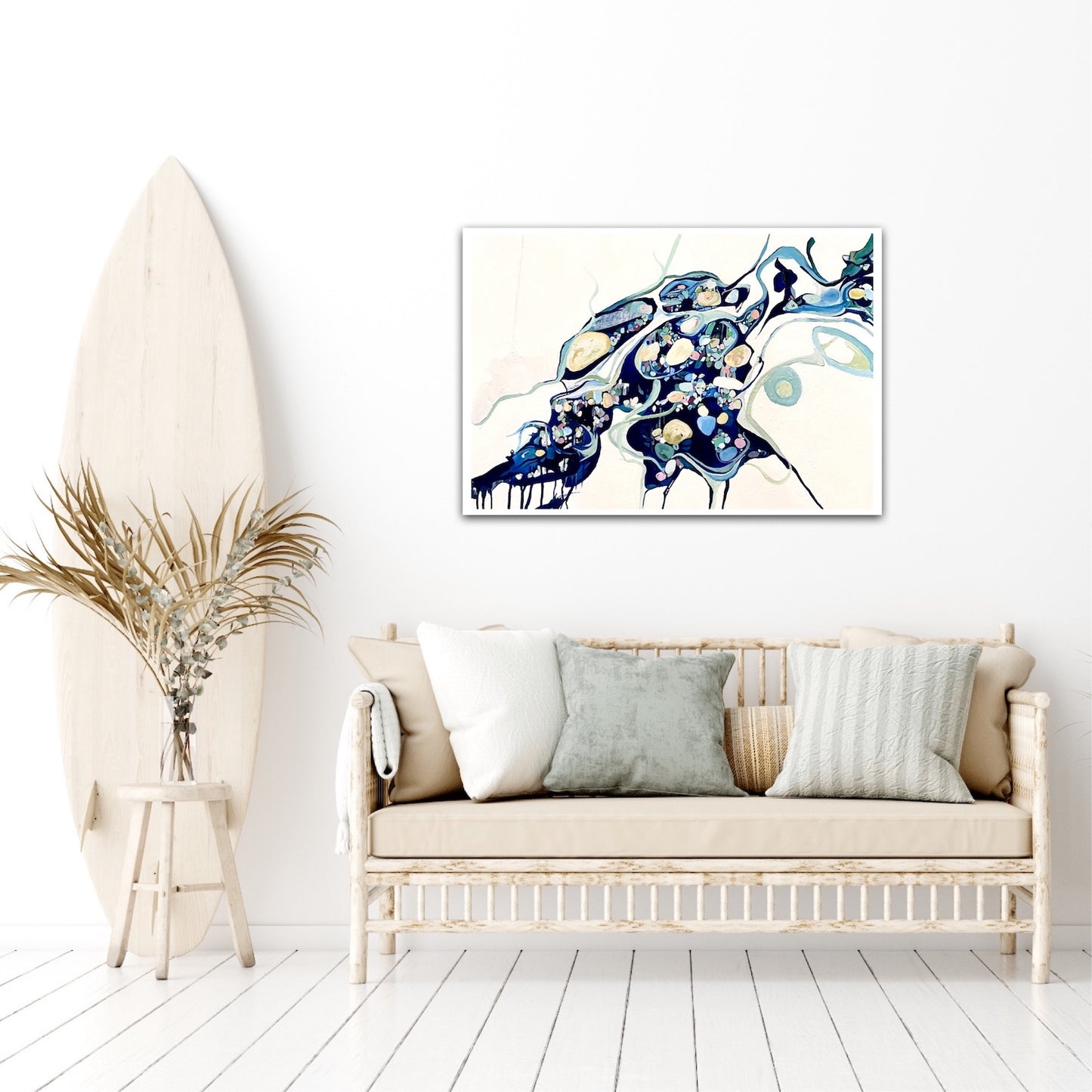 Abstract oil painting on a white background in shades of blue, cream and green with multicoloured details on sitting room wall.