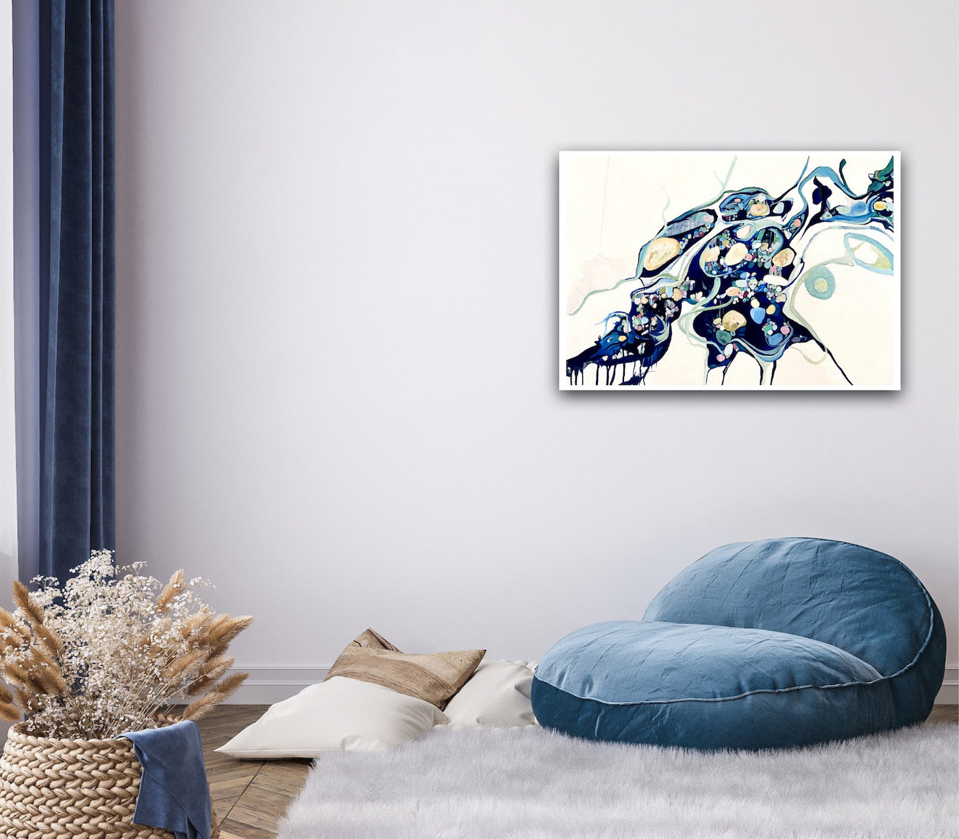Abstract oil painting on a white background in shades of blue, cream and green with multicoloured detail, shown on a wall.