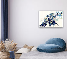 Load image into Gallery viewer, Abstract oil painting on a white background in shades of blue, cream and green with multicoloured detail, shown on a wall.
